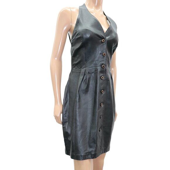 Black Leather Button Front Mini Halter Dress M - Picture 4 of 5